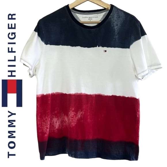 Tommy Hilfiger Blue/White And Red Short Sleeve Dip Dye T-Shirt Size M - Picture 1 of 13